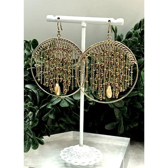 Gold Boho Dangle Hoop Earrings With Chain and Bead Fringe - Picture 4 of 5